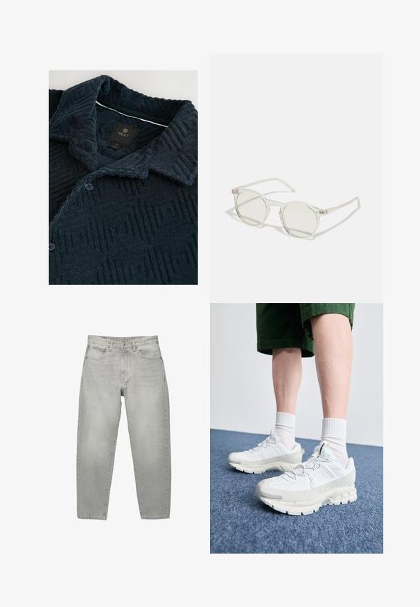 Camicia blu navy con texture e motivo geometrico, dotata di colletto aperto, due bottoni e etichetta del marchio sul collo.; Jeans in denim grigio chiaro con una vestibilità rilassata, vita media, design a cinque tasche e gambe dritte. Texture liscia con una leggera sfumatura.; Scarpe da ginnastica bianche con sovrapposizioni testurizzate, suola spessa e accenti grigi. Indossate con calze corte bianche e pantaloni corti verdi su una superficie blu.; Occhiali da sole rotondi con una montatura trasparente, lenti verde chiaro e stemmi sottili e trasparenti. Presentano sottili dettagli hardware sulla montatura.