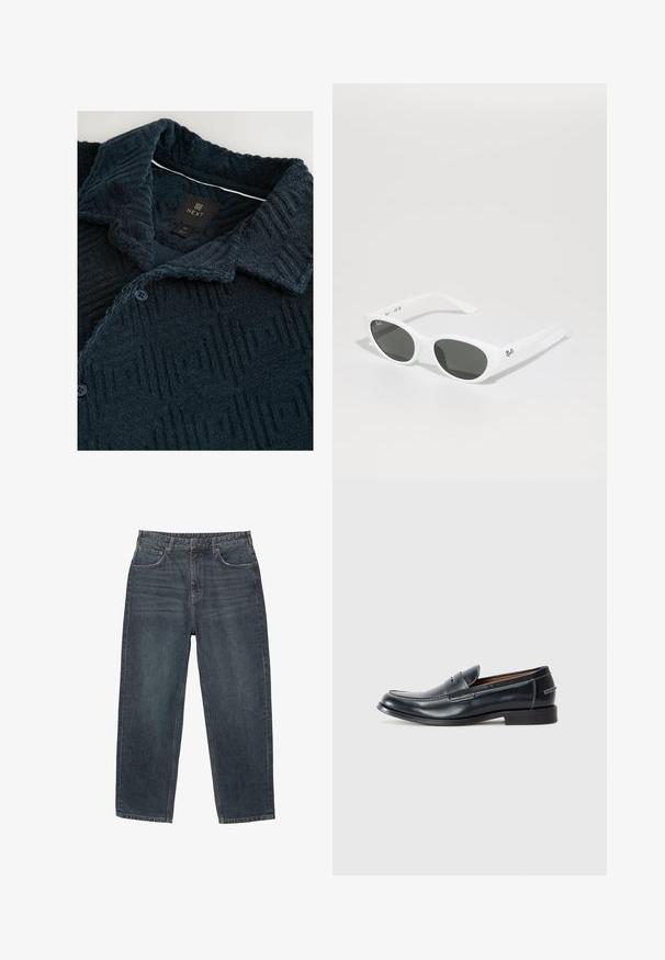 Temno modra teksturirana srajca z geometrijskim vzorcem, z razširjenim ovratnikom, dvema gumboma in oznako blagovne znamke na vratu.; Temno modri jeans s ravnim krojem, petimi žepi, loči za pas in subtilnim zbledelostjo na materialu. S tlakovanimi robovi.; Črne usnjene loafers čevlje z zaobljenim nosom, ki imajo belo šivano detajle in rahlo dvignjen petni del. Gladek zaključek, preprost dizajn.; Bela sončna očala s okroglimi okvirji in temnimi lečami. Imajo gladko plastično teksturo in majhen logo na ročaju.