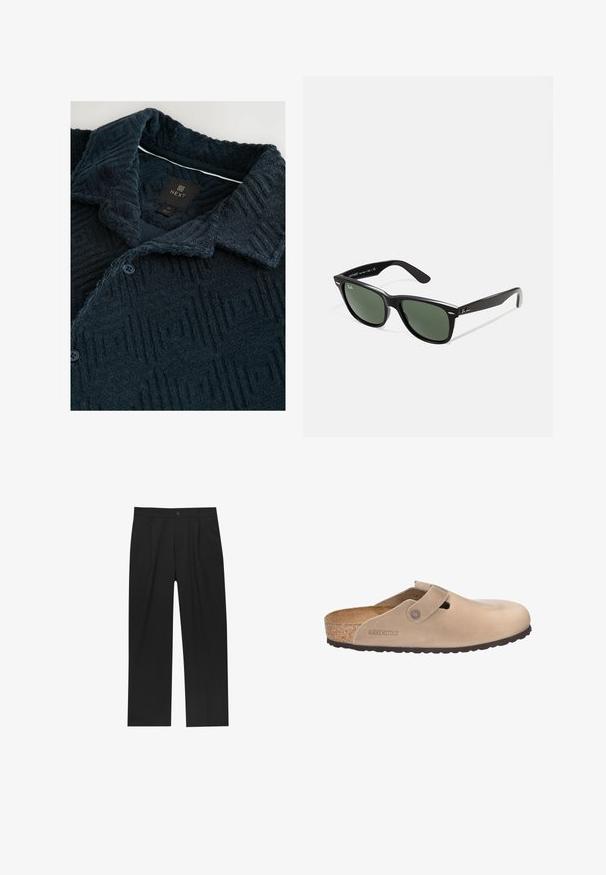 Granatowa, teksturowana koszula z geometrycznym wzorem, z kołnierzykiem rozłożonym, dwoma guzikami oraz metką marki na dekolcie.; Czarne spodnie o prostym kroju, wykonane z gładkiego materiału. Posiadają zakładki z przodu i pojedyncze zapięcie na guziki w pasie.; Beżowe klapki Birkenstock wykonane z zamszu, z korkową wkładką, z przodem na pasek i teksturowaną gumową podeszwą.; Czarne plastikowe okulary przeciwsłoneczne z zielonymi szkłami, kwadratowe oprawki, srebrny akcent na brwi oraz fakturowane ramiona temple. Nazwa marki podana na wewnętrznej stronie ramion.