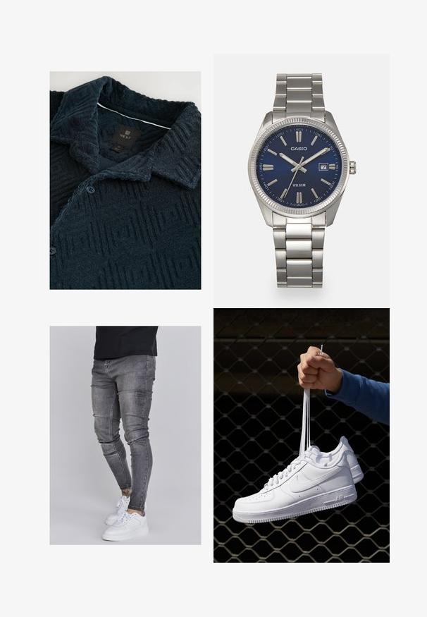 Cămașă texturată de culoare bleumarin cu un model geometric, având un guler întins, două nasturi și o etichetă a mărcii pe guler.; Blugi skinny din denim gri estompat, cu detalii uzate la genunchi, asortați cu adidași albi. Textură netedă, design slim fit.; Adidași albaștri din piele cu perforații, vârf rotund, talpă plată și șireturi groase, cu un logo swoosh vizibil și cu inscripția "AIR" pe toc.; Ceas de mână din oțel inoxidabil argintiu cu un cadran albastru marin, marcaje orare metalice și o fereastră pentru dată la ora 3. Rezistent la apă până la 50 de metri.