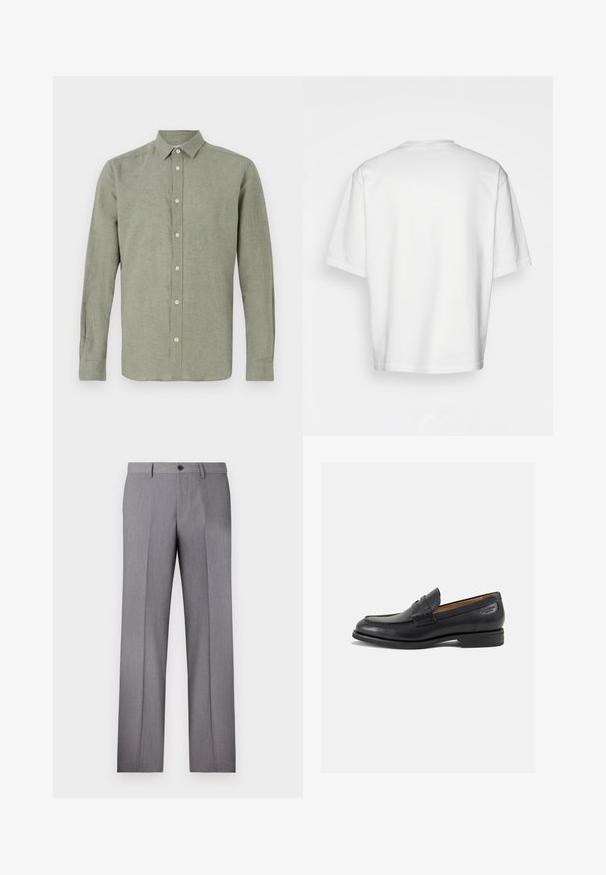 Majica z dolgimi rokavi in ovratnikom v svetlo zeleni barvi, izdelana iz teksturirane tkanine, s polnim gumbastim zapiranjem in ravnim robom.; Bela kratka majica s kratkimi rokavi, ohlapnega kroja, okroglega izreza, gladkega bombažnega materiala, brez okrasitev na hrbtni strani, ravna obroba, brez vzorcev ali naglasov.; Sive prirejene hlače z ravnim sprednjim delom, dvema stranskima žepoma in enojnim gumbom za zapiranje. Gladka tekstura z diskretno črtasto vzorcem.; Črne usnjene loafers cipele z gladko površino, zaobljenim nosom in dekorativnim šivom na vampu. Nizek zloženi peti in rahla sijaj.