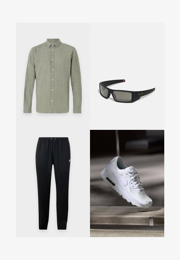 Langärmliges, kragenförmiges Hemd in Hellgrün, aus strukturiertem Stoff, mit durchgehendem Knopfverschluss und geradem Saum.; Schwarze Jogginghose aus weichem Stoff, mit einem elastischen Bund und Kordelzug, gerippten Knöcheln und einem kleinen Logo-Detail an der Seite.; Weiße Nike Air Max 90 Sneaker mit einem Obermaterial aus Mesh und Leder, durchlässigem Zehenbereich und einer sichtbaren Air-Einheit in der Ferse.; Schwarze Sonnenbrille mit matter Oberfläche, rechteckigen Gläsern, leichtem Bogen an den Schläfen, dezentem Logo-Detail und rauchgetönten Gläsern.