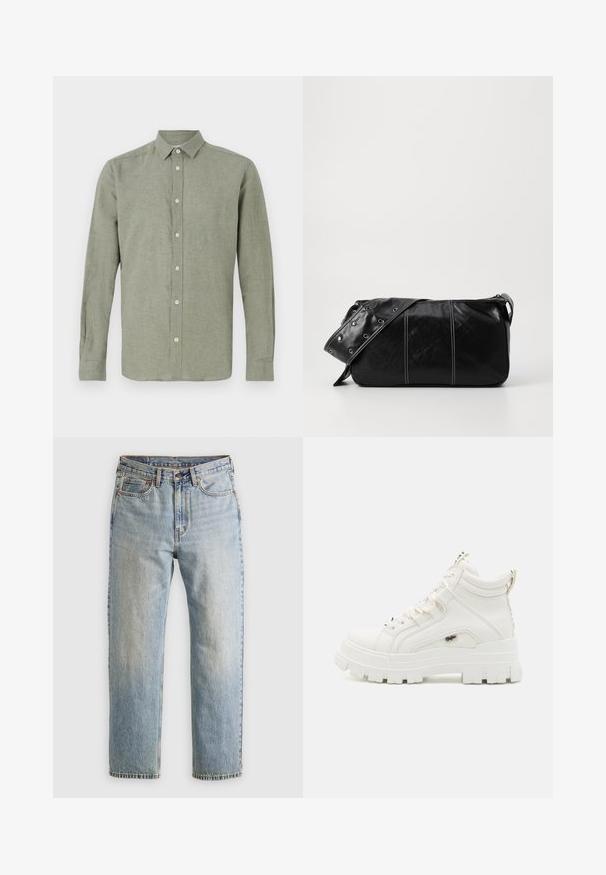 Kerge roheline pikade sleevesega kaelusega särk, mis on valmistatud tekstureeritud kangast, millel on täisluku sulgemine ja sirge äär.; Heledad hele sinine teksapükste kõrge vöökoht, ees nupuga, lukuga ja viie taskuga disain, asetatud tasasele neutraalsele taustale.; Valged pahkluu kõrgused tennisetsid, millel on tekstuurne viimistlus, paks kummitald ja pehme krae. Omab lipsudega suletud disaini ja logo aktsenti.; Must mustra nahkainine õlakott, millel on tõmblukk, tekstureeritud pind, valged õmblused ja rihm hõbedaste rõngastega.