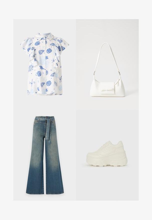Bijela košulja s kratkim rukavima s plavim uzorkom školjki, s gumbima sprijeda i nabranim rukavima. Izrađena od lagane pamučne tkanine.; Široke traperice s gradijentom od svijetloplave do tamnoplave, visokog struka, petljama za remen i remenom od istog materijala. Teksturirana traper tkanina.; Bijele platformske tenisice s glatkim gornjim dijelom koji nalikuje koži, zaobljenim oblikom, podstavljenim okvirom i teksturiranim gumeni potplat s definiranom profilacijom.; Bijela sintetička torbica s trokutastim oblikom, ravnim prednjim poklopcem i detaljem u obliku mašne, podesivom remenom, glatkom teksturom i minimalističkim dizajnom.