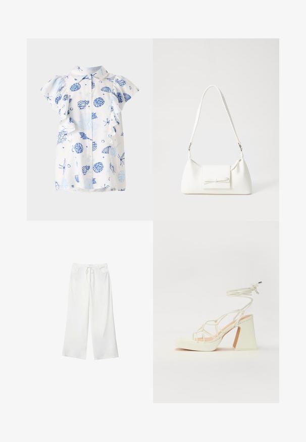 Bílá košile s krátkým rukávem, zdobená modrým vzorem mušlí, s knoflíkovým zapínáním a volánkovými rukávy. Vyrobena z lehké bavlny.; Bílé široké kalhoty vyrobené z měkké látky, které mají pružný pas a dvě přední kapsy. Hladký povrch a žádné viditelné vzory.; Bílé sandály na vysokém podpatku s robustním podpatkem, s designem s pásky a zavazováním kolem kotníku. Hladký povrch s platformou vpředu pro zvýšení výšky.; Bílá syntetická kabelka v trojúhelníkovém tvaru, s plochým předním klopným víkem a detailem mašle, nastavitelným popruhem, hladkým povrchem a minimalistickým designem.