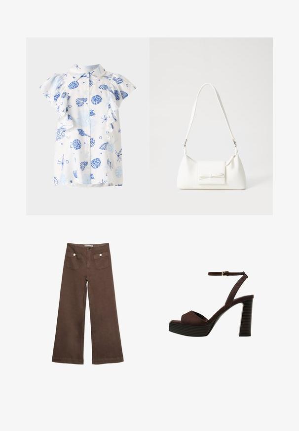 Biała koszula z krótkim rękawem z niebieskim wzorem muszelek, z zapięciem na guziki z przodu i falbaniaste rękawy. Wykonana z lekkiej bawełnianej tkaniny.; Czerwone spodnie typu wide-leg wykonane z bawełny, z dwoma przednimi kieszeniami zapinanymi na srebrne guziki oraz gładką fakturą.; Brązowe zamszowe sandały na wysokim obcasie z odkrytymi palcami, regulowanym paskiem na kostce i paskowatą podeszwą.; Biała syntetyczna torba o trójkątnym kształcie, płaskim przednim klapce i detalach w postaci kokardy, regulowanym pasku, gładkiej fakturze oraz minimalistycznym designie.