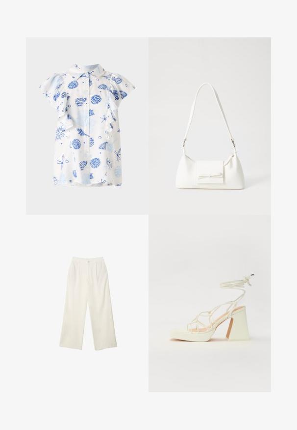 Bijela košulja s kratkim rukavima s plavim uzorkom školjki, s gumbima sprijeda i nabranim rukavima. Izrađena od lagane pamučne tkanine.; Hlače širokih nogavica od kremaste tkanine s glatkom teksturom, s jednim prednjim gumbom, suptilnim plitvicama i visokim strukom.; Bijela sandala na visokoj potpetici s debelim petom, s remenom i vezanjem oko gležnja. Glatka tekstura s platformom sprijeda za dodatnu visinu.; Bijela sintetička torbica s trokutastim oblikom, ravnim prednjim poklopcem i detaljem u obliku mašne, podesivom remenom, glatkom teksturom i minimalističkim dizajnom.