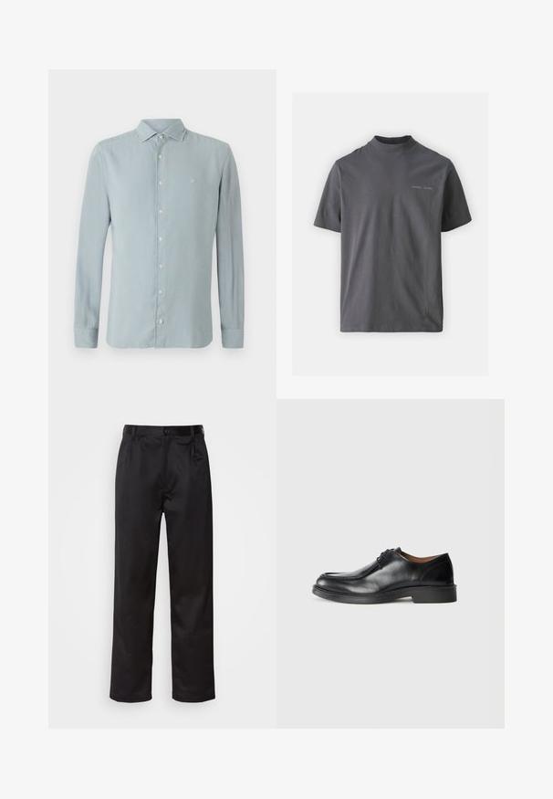 Hele sinine pika varrukaga särk, mis on valmistatud pehmest kangast. Omab teravat kraed, nööpidega esiosa ja väikeset tikandiga logo rinnal.; Samsøe Samsøe NORSBRO - Lihtne T-särk - volcanic ash; Mustadest siledast kangast pükstest, millel on ees nupu sulgemine, voldid ja sirged sääred. Ei mingeid nähtavaid mustreid ega aktsente.; Must sõlmiga mustad nahast kontsad, ümarate varvastega, sileda pinna ja madala, tekstuuriga kummitald. Puhtad jooned ja minimalistisch disain.