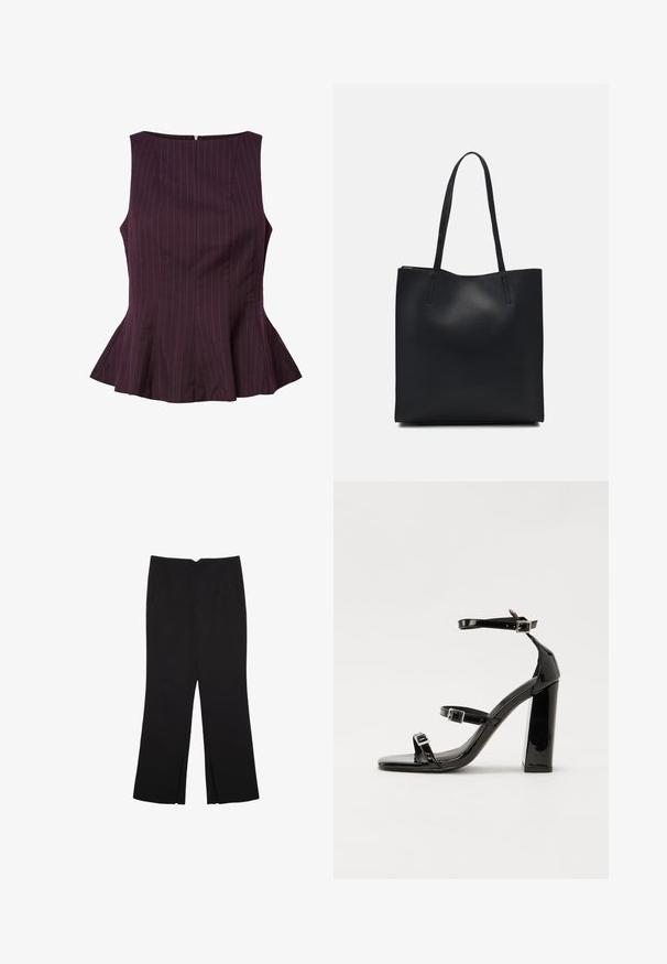 Lila peplum toppi, jossa on pystysuorat raidat, hihaton malli, pyöreä pääntie ja vetoketju selässä. Muotoiltu istuvuus ja levenevä helma.; Mustat housut suoralinjaisella leikkauksella, joissa on etutaskut ja sivurei'ät helman alla. Valmistettu pehmeästä ja sileästä kankaasta. Sopii eri tilaisuuksiin.; Musta kiiltävä korkokenkä sandaalit neliönmuotoisella varpaalla, nilkkaremmillä ja hopeisilla soljilla. Varustettu tukevalla lohkokorkealla vakauden takaamiseksi.; Mustapahkainen kangaskassi, jossa on sileä pinta, suorakaiteen muotoinen ja kaksi pitkää kahvaa. Ei näkyvää metalliosaa tai koristeita.
