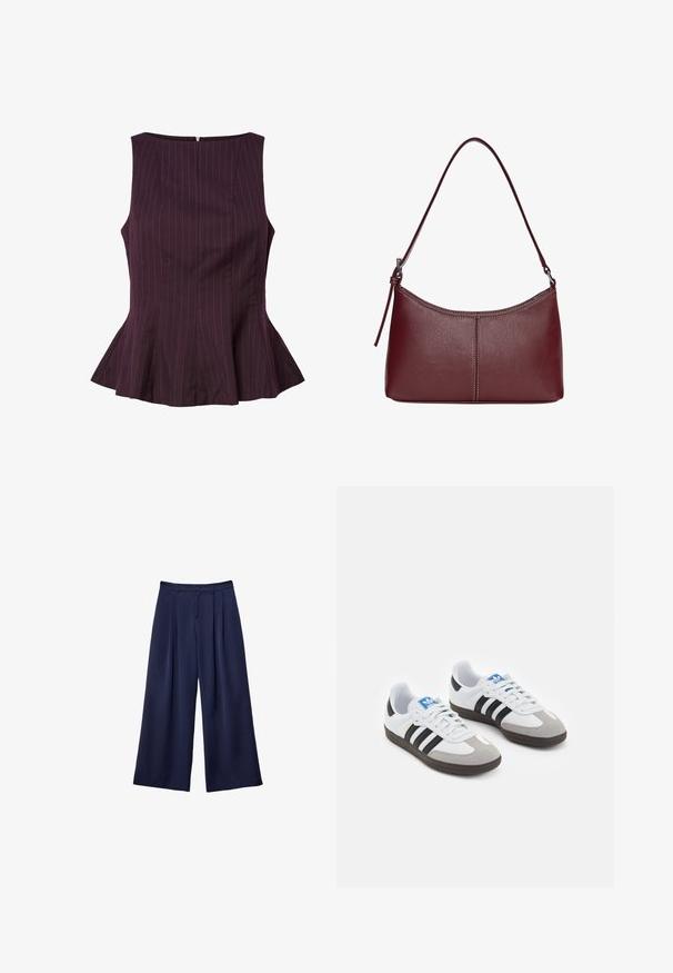 Lila peplum toppi, jossa on pystysuorat raidat, hihaton malli, pyöreä pääntie ja vetoketju selässä. Muotoiltu istuvuus ja levenevä helma.; Tumma sininen leveälahkeinen housu, jossa on pleateja, napillinen vyötärö ja vyölenkit, esiteltynä litteänä valkoista taustaa vasten.; Urheilukengät, joissa on valkoinen nahkainen päällinen, harmaa mokkanokka ja kolme mustaa raitaa. Ominaisuuksina sininen logo kielekkeessä ja kuvioitu kumipohja.; Maroon-värinen nahkalaukku, jossa on kaareva muoto, yksi olkahihna ja keskellä ommeltu yksityiskohta. Sileä pinta, minimaalinen varustelu.