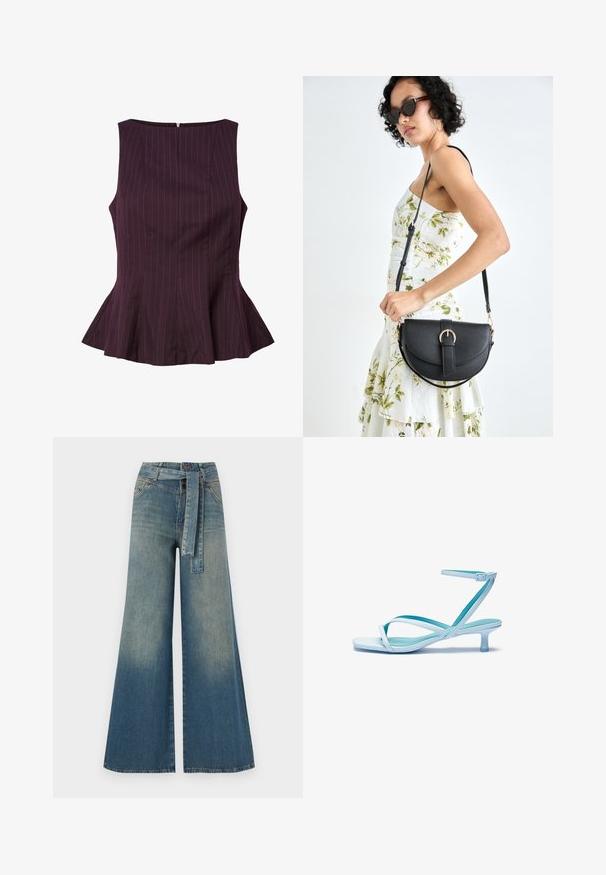 Top peplum prună cu dungi verticale, design fără mâneci, decolteu rotund și închidere cu fermoar la spate. Croi ajustat cu tiv evazat.; Pantaloni din denim largi, cu un gradient de la albastru deschis la albastru închis, talie înaltă, bucle pentru curea și o curea din același material. Finisaj texturat din denim.; Sandal cu barete subțiri de culoare albastru deschis, cu vârf pătrat, toc jos, curea de gleznă ajustabilă și finisaj neted, lucios. Barete încrucișate pe talpa interioară.; Geantă din piele neagră, cu o formă curbată, curea detașabilă și accesorii aurii. Geanta are un capac cu un detaliu tip cataramă.