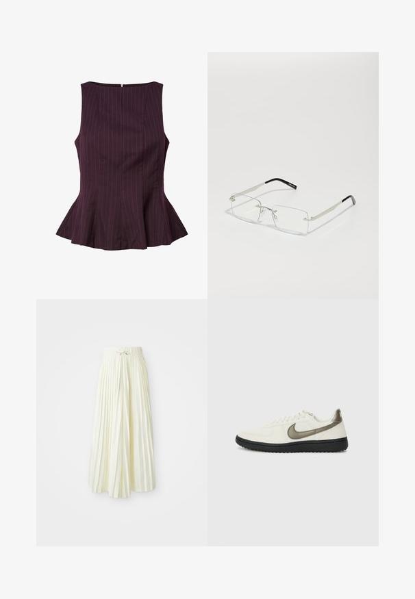 Alyvuogių spalvos peplum viršus su vertikaliomis juostomis, be rankovių dizainas, apvalus iškirpimas ir užtrauktukas nugarinėje pusėje. Prie kūno pritaikytas siluetas su plačiu apatine dalimi.; Šviesiai geltona, krokuota midi sijonas, su elastinga juosta ir juostele, glotnaus audinio tekstūra ir vertikalios juostelės papildomam akcentui.; Nike Sportswear FIELD GENERAL - Sportbačiai - off-white/black; Stačiakampiai akinių lęšiai su plonu sidabriniu metaliniu rėmu ir juodais acetato galiukais. Išskirtinai minimalus dizainas su nedideliu aparatūros kiekiu.