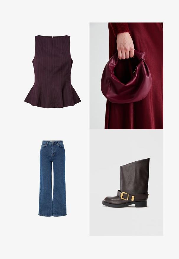 Szilva színű peplum top függőleges csíkokkal, ujjatlan fazon, kialakított kerek nyakkivágás és cipzáras zárás hátul. Testhez simuló fazon, bővülő szegéllyel.; Magas derekú kék farmernadrág széles szárakkal, hagyományos öt zsebes kivitelben, fém gombos záródással és kontrasztos varrással.; Sötétbarna, vádli közepéig érő bőrcsizma fekete talppal, alacsony sarkú, és díszes arany csatpánttal a bokán, oldalnézetből bemutatva.; Burgundi bőrtáska puhán ráncolt dizájnnal és kerek alakban. A fogantyú rögzítve van, sima textúrával rendelkezik.