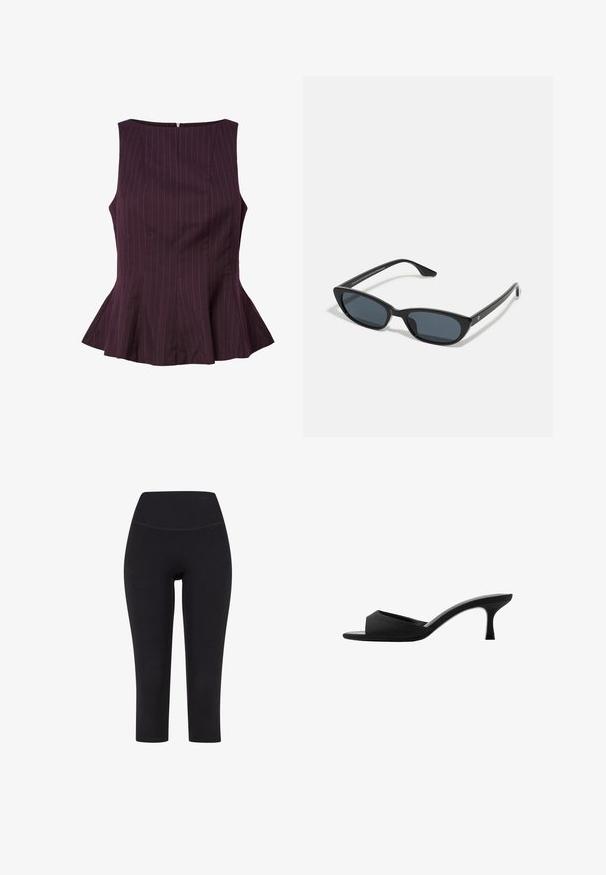 Śliwkowa bluzka peplum z pionowymi paskami, bez rękawów, o okrągłym dekolcie i zamek z tyłu. Dopasowany fason z rozkloszowanym dołem.; Czarne legginsy za kostkę wykonane z elastycznego materiału, z wysokim stanem i bez widocznych wzorów czy elementów metalowych.; Czarne klapki na wysokim obcasie z szerokim, otwartym noskiem i zakrzywioną cholewką. Wykonane z teksturowanej tkaniny, z wąskim obcasem i gładką podeszwą.; Czarne okulary w kształcie kociego oka z ciemnymi soczewkami, plastikową ramką, smukłymi zausznikami i subtelnym logo na wewnętrznej stronie zausznika. Matowa tekstura.