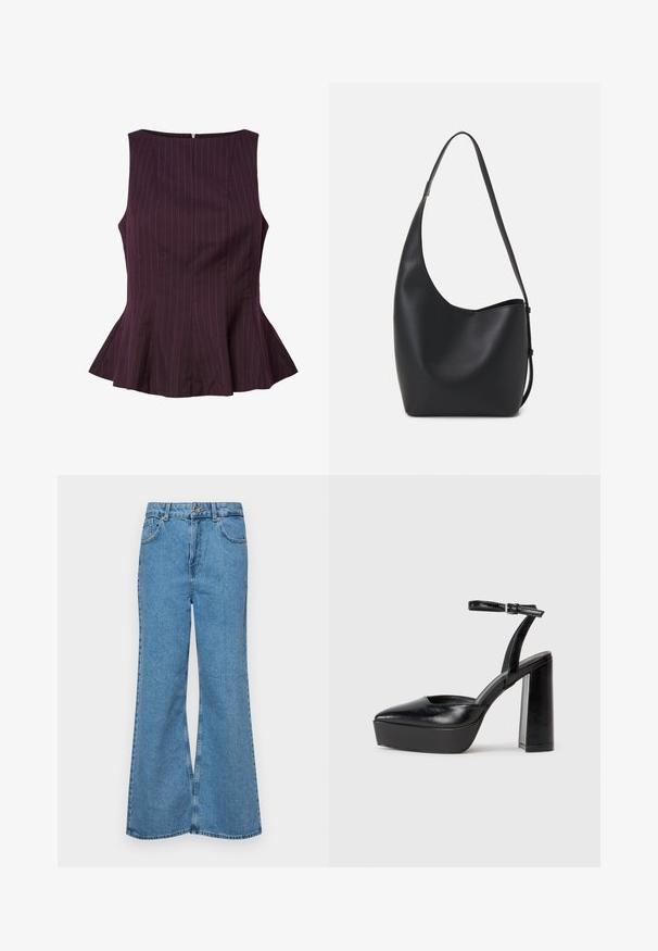 Top peplum prună cu dungi verticale, design fără mâneci, decolteu rotund și închidere cu fermoar la spate. Croi ajustat cu tiv evazat.; Jeanși evazați de culoare albastru deschis, din denim, cu talie înaltă, cinci buzunare și închidere cu un singur buton. Textură moale cu un finisaj decolorat.; Pantofi cu toc platformă negri, cu vârful ascuțit și curea reglabilă la gleznă. Confecționați din piele netedă, având un toc gros.; Geantă hobo din piele neagră, cu o textură netedă, formă curbată și un singur bretele ajustabil; are o deschidere largă în partea de sus.
