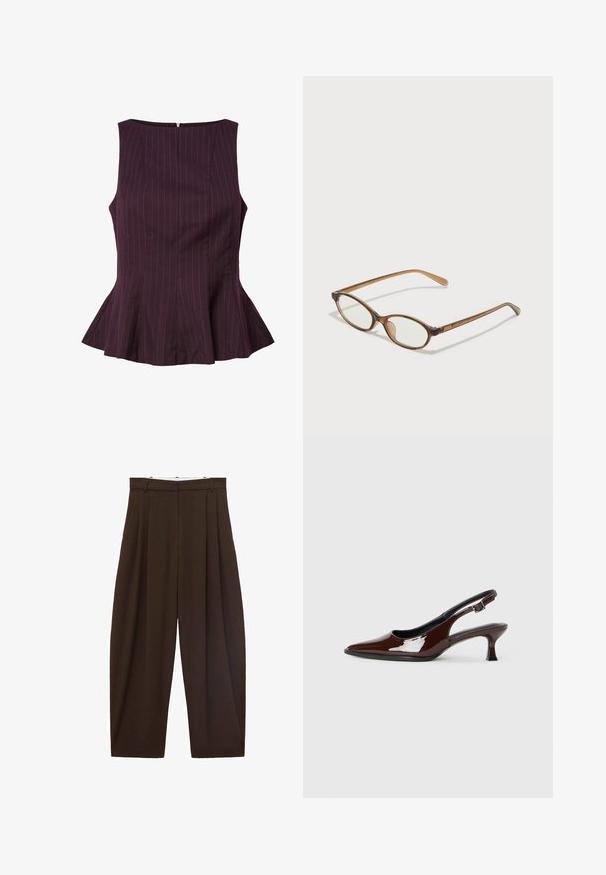 Pruimenkleurige peplumtop met verticale streepdessin, mouwloos ontwerp, ronde halslijn en ritssluiting aan de achterkant. Getailleerde pasvorm met flared zoom.; Bruine high-waisted broek met plooien, gemaakt van soepel materiaal. Loose fit, rechte pijpen, met riemlussen en een ritsluiting.; Bruine gepatineerde leren slingback-schoen met een spitse neus en een gematigd hakje. Voorzien van een gespsluiting voor een veilige pasvorm. Glad van textuur.; Bruine schildpadbril met ovale lenzen, dunne armen en transparante accenten. Heeft een subtiele logo op de tempel. Strak, lichtgewicht ontwerp.