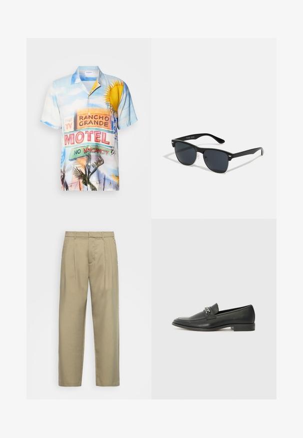 Camisa de botão de mangas curtas com um design colorido de letreiro de motel, em tons de azul, amarelo e verde, feita de tecido leve.; Calças bejas de cintura alta com corte reto, apresentando uma frente lisa, bolsos laterais e um tecido suave e texturizado.; Sapatilha de couro preta com um acabamento suave, apresentando um design cosido e um detalhe decorativo de corrente de metal atravessando o peito do pé. Salto baixo.; Óculos de sol pretos com forma retangular, lentes escuras, detalhes em prata nas hastes e um acabamento mate na armação.