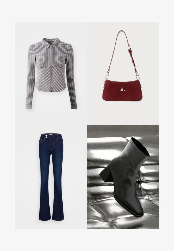 Gray long-sleeve shirt with vertical white stripes, collared neckline, and zipper front. Features a fitted design and curved bottom hem.; Dark blue flared jeans featuring a high-rise waist, two front pockets, and two button closures. Made from denim with a smooth texture.; Black ankle boot made of glossy material with a square toe and tapered heel, set against a shiny silver tufted background.; Red suede shoulder bag with a curved shape. Features a silver-tone accent and adjustable strap with hardware detailing. Smooth texture.