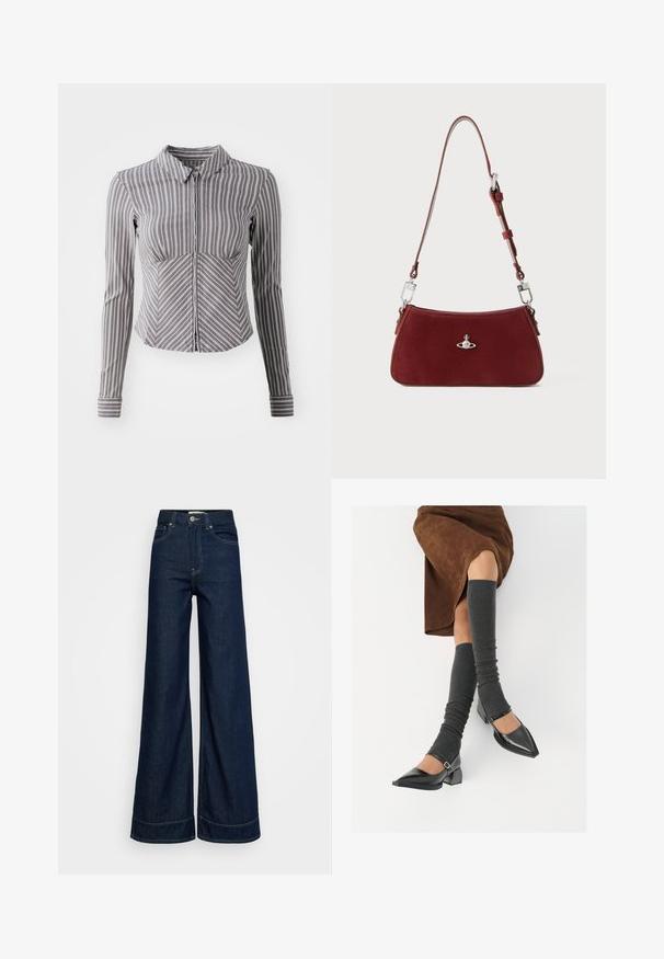 Grå långärmad tröja med vertikala vita ränder, krage och dragkedja framtill. Har en figurpassad design och rundad nederkant.; Mörkblå högmidjade vida jeans med framfickor, bältesöglor, knappstängning och synlig sömnad på en vit bakgrund.; Svarta lackläderskor med spetsig tå, blockklack och ankelrem, i kombination med grå ribbade benvärmare och en brun mockakjol.; Röd mocka axelväska med en böjd form. Har en silverfärgad detalj och justerbar rem med hårdvarudetaljer. Slät textur.