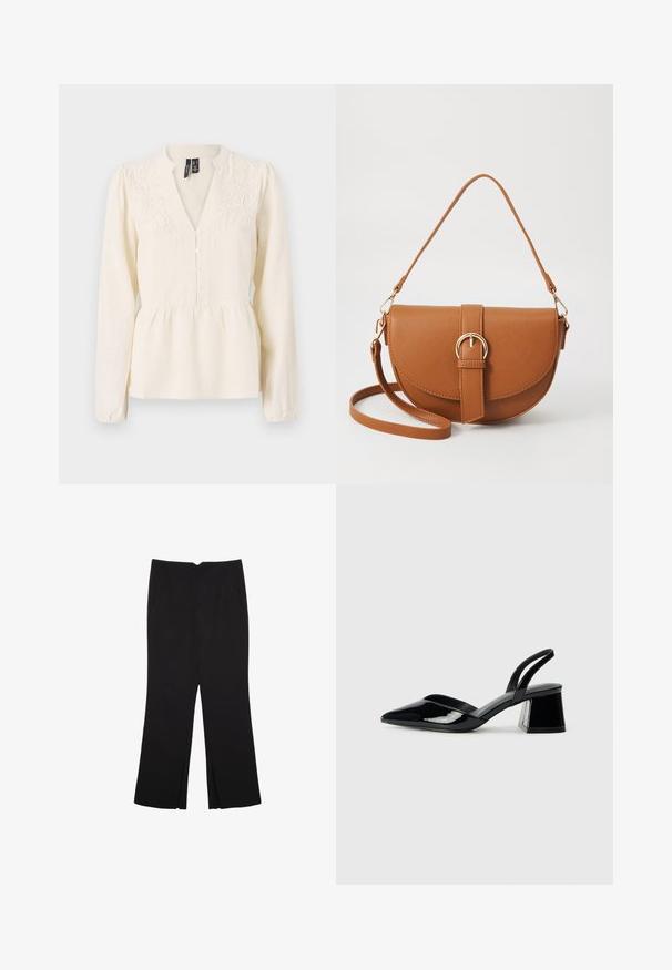 Blusa color crema con maniche lunghe, scollatura a V, chiusura con bottoni sul davanti e dettagli di ricamo floreale sulle spalle e nella zona del petto.; Pantaloni neri a gamba dritta, con tasche frontali e spacchi laterali all'orlo. Realizzati in tessuto morbido e liscio. Adatti a diverse occasioni.; Décolleté in vernice nera con punta affusolata e tacco in geometria cubica. Presentano un design elegante e minimalista, con una texture liscia.; Borsa a tracolla in pelle marrone con forma curvata, hardware dorato e un dettaglio con fibbia. Presenta una tracolla rimovibile.