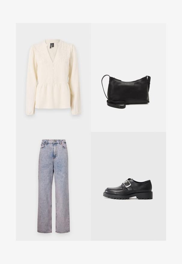 Kreemivärvi pluus pikki varrukatega, V-kaelusega, nupuga esiosas ning lillede tikanditega õlgadel ja rinnaalal.; Vaaleansiniset farkut rentoa suoraa lahjetta, korkea vyötärö, viisi taskua ja pronssiset napit.; Mustat nahkakengät pyöreällä kärjellä, sivussa solkiyksityiskohta ja paksu, karkea pohja. Sykkös pinta, jossa on minimaalinen ommel.; Musta nahkainen olkalaukku, jossa on sileä pinta, kaareva muoto, säädettävä hihna ja vetoketjukiinnitys. Minimalistinen muotoilu ilman koristeita.