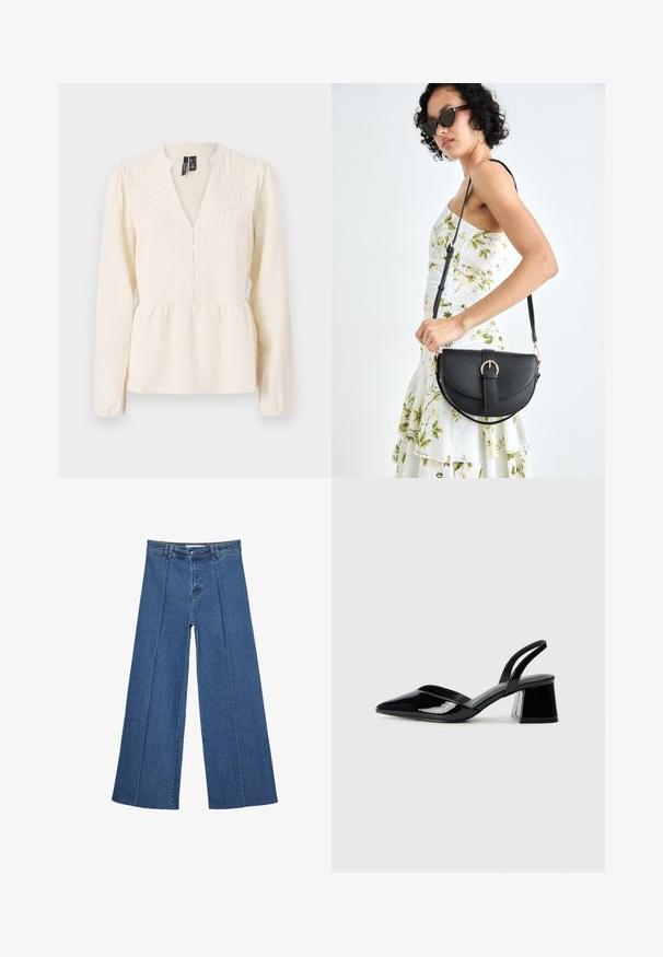 Krémová blúzka s dlhými rukávmi, výstrihom do V, zapínaním na gombíky a kvetinovou výšivkou na pleciach a v oblasti hrudníka.; Rovné džínsy s širokými nohavicami v strednom modrom odtieni, so zvýšeným pásom, zapínaním na gombík a kontrastnými vertikálnymi švami pozdĺž prednej strany.; Čierne lakované kožené sandálové podpätky s špicatou špičkou a geometrickým blokovým podpätkom. Disponujú elegantným, minimalistickým dizajnom a hladkým povrchom.; Čierna kožená kabelka s zaobleným tvarom, odnímateľným popruhom a zlatými doplnkami. Kabelka má klopu s detailom s prackou.