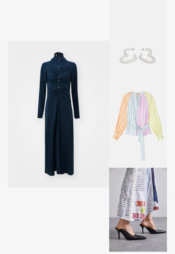 Gestreifte Bluse mit langen Ärmeln in Orange, Blau, Lila und Grün. Besitzt ein Band in der Taille und geraffte Details am Ausschnitt.; Langärmliges, dunkelblaues Kleid mit hohem Kragen, gerafftem Frontdetail und dekorativen Knopfakzenten entlang des Oberteils und des Kragens.; Schwarze Leder-Mules mit spitzer Zehenpartie und Stiletto-Absatz, kombiniert mit einem weißen, gemusterten Kleidungsstück mit Schnürdetails.; Ohrringe aus Silberton mit einem gewellten, abstrakten Design, verziert mit kleinen, funkelnden Kristallen. Sichere Steckverschluss.