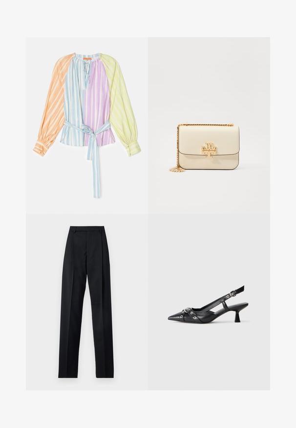 Striped blouse with long sleeves in orange, blue, purple, and green. Features a tie at the waist and gathered details around the neckline.; Black trousers made from smooth fabric featuring a high waist, wide legs, front pleats, and classic belt loops. No side pockets visible.; Black leather slingback shoe with a pointed toe, decorative straps featuring metal eyelets, and a low block heel. Textured surface.; Cream leather crossbody bag with a gold chain strap, featuring a gold logo accent on the front and clean, sleek lines.