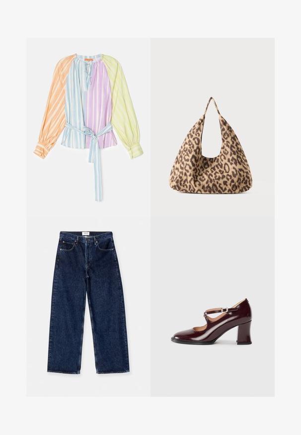 Gestreifte Bluse mit langen Ärmeln in Orange, Blau, Lila und Grün. Besitzt ein Band in der Taille und geraffte Details am Ausschnitt.; Dunkelblaue Jeans im weit geschnittenen Stil mit hoher Taille, Fronttaschen und einer glatten Textur mit dezenten Nähten.; Burgunderfarbenes Lackleder mit einer abgerundeten Spitze, ausgestattet mit einem Riemen und einer Schnalle über der Vorderseite sowie einem stabilen Blockabsatz.; Tasche im Leopardenmuster aus weichem Material, mit einer einzigartigen dreieckigen Form, großem offenen Griff und glatter Textur.