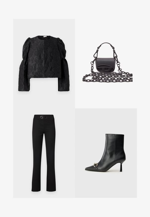 Mustaa lyhyt cropped-takkia, jossa on teksturoitu kukkakuosi, pyöreä kaula-aukko ja tilavat pitkät hihat. Edessä suljenta ilman näkyvää metalliosia.; Mustat levenevät housut, joissa on sileä, joustava kangas. Varustettu leveällä vyötärönauhalla ja kiiltävällä mustalla logokoristeella edessä.; Musta nahkasaapas nilkkapituisilla, terävillä kärjillä, hoikalla keskipituisella korolla ja hopeavöillä sivussa yksinkertaista taustaa vasten.; Pieni musta käsilaukku, joka on valmistettu sileästä nahasta, ja siinä on pyöreä muoto, etuosan logo-itasarven ja tekstuuripintainen ketjukahva.