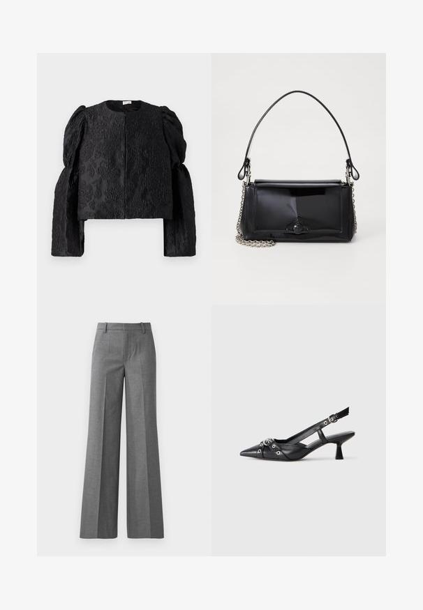 Giacca nera cropped con motivo floreale testurizzato, scollo rotondo e maniche lunghe voluminose. Chiusura frontale senza hardware visibile.; Pantaloni wide-leg grigi in un tessuto texturizzato. Presentano pieghe frontali, una vita aderente e una finitura lucida, ideali per ambienti formali.; Scarpa slingback nera in pelle con punta affusolata, cinturini decorativi con occhielli metallici e tacco basso a blocco. Superficie testurizzata.; Borsa a tracolla in vernice nera con forma rettangolare, tracolla a catena e un distintivo accessorio in metallo al centro. Texture liscia.