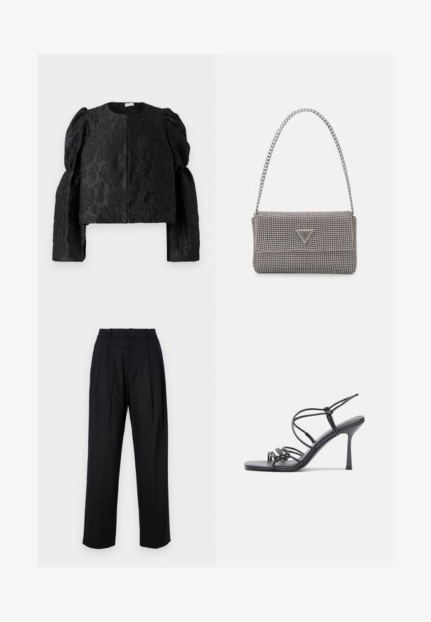 Juodas trumpas švarkas su tekstūruotu gėlėtu raštu, apvalia iškirpte ir pūkuotomis ilgomis rankovėmis. Priekinis uždarymas be matomo aparatūros.; Juodos kelnės su pritaikytu dizainu, turinčios aukštą liemenį, raukšles ir tiesius džinsus. Pagamintos iš lygaus audinio, vienos spalvos.; Juodos aukštakulnės sandalai pasižymi plonyčiais dirželiais su mazgo dizainu, lygiu kvadratiniu pirštu ir elegantišku stiletto kulnu.; Šviesiai pilka metalinė rankinė su grandinėlės dirželiu, papuošta mažais apvaliais metaliniais smeigėmis ir trikampiu prekės ženklu.; Sidabrinės auskarai žiedai su lygiu, blizgiu paviršiumi. Suapvalinta forma, lengvas dizainas, su uždarymu ant smeigtuko.