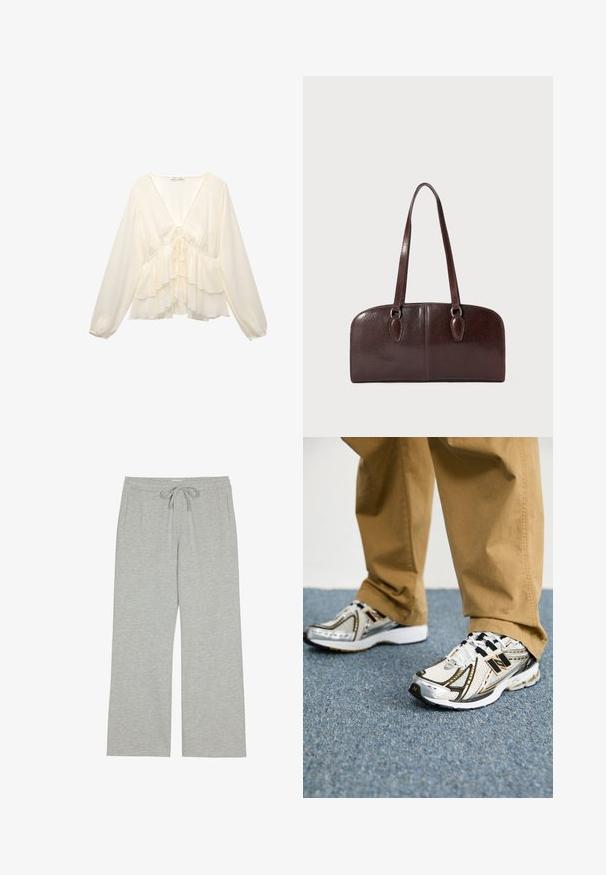 Blusa color crema con scollo a V, maniche lunghe a palloncino e rouches a strati all'orlo, con un dettaglio a cravatta sul retro centrale.; Top halter marrone con scollatura a V profonda e tessuto arricciato sul busto, abbinato a pantaloni cargo larghi grigio chiaro con lacci regolabili in vita.; Pantaloni tuta grigi chiari realizzati in un morbido tessuto testurizzato, con cintura regolabile e tasche laterali; vestibilità ampia e rilassata.; Sneaker New Balance bianchi e argentati con accenti e lacci neri, caratterizzati da una tomaia in mesh, una suola ammortizzata e un design dinamico.; Borsa in pelle marrone con due manici lunghi, forma rettangolare strutturata, superficie liscia e angoli arrotondati. Presenta dettagli di accentuazione sui manici.