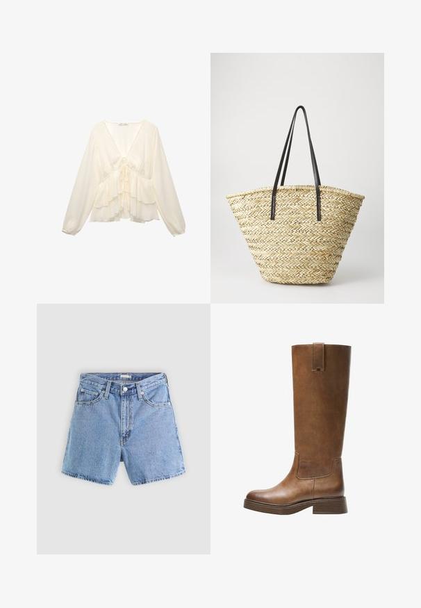 Krémová blůza s výstřihem do V, dlouhými balónovými rukávy a vrstvenými volány na lemu, s detailem vázání na zadní straně.; Světle modré džínové šortky s vysokým pasem, pěti kapsami, viditelným prošíváním a roztrženým lemem. Obsahují zapínání na knoflík a zip.; Hnědé kožené vysoké boty na kolena s kulatou špičkou, texturovaným povrchem a nízkým patem s podstavcem. Obsahují boční panel a poutko na horní části.; Tkaná slámová taška s širokým, zúženým tvarem, se dvěma černými koženými uchy. Přírodní béžová barva s texturovaným povrchem.