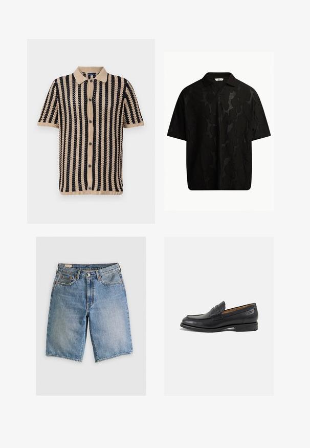 Beige ja musta värvi lühikeste käistega kudumipolo, millel on vertikaalsed triibud, soonikkoes krae ja nööpidega kinnitamine. Tekstuuriga kudumkangas.; Must värvitud lühikeste varrukatega polo särk, millel on tekstureeritud abstraktne muster. Krae on lame ja veidi avatud, rõhutades lõdva disaini.; Heledsinine teksapükste lühike mudel klassikalise lõikega. Sellel on viis taskut, oranžad õmblused ja toorikud servadega.; Mustad mustad nahast loafers, sujuva viimistlusega, ümar sirge ja dekoratiivne tikand peal. Madal ja kergelt kuhjatud konts ning kerge läige.