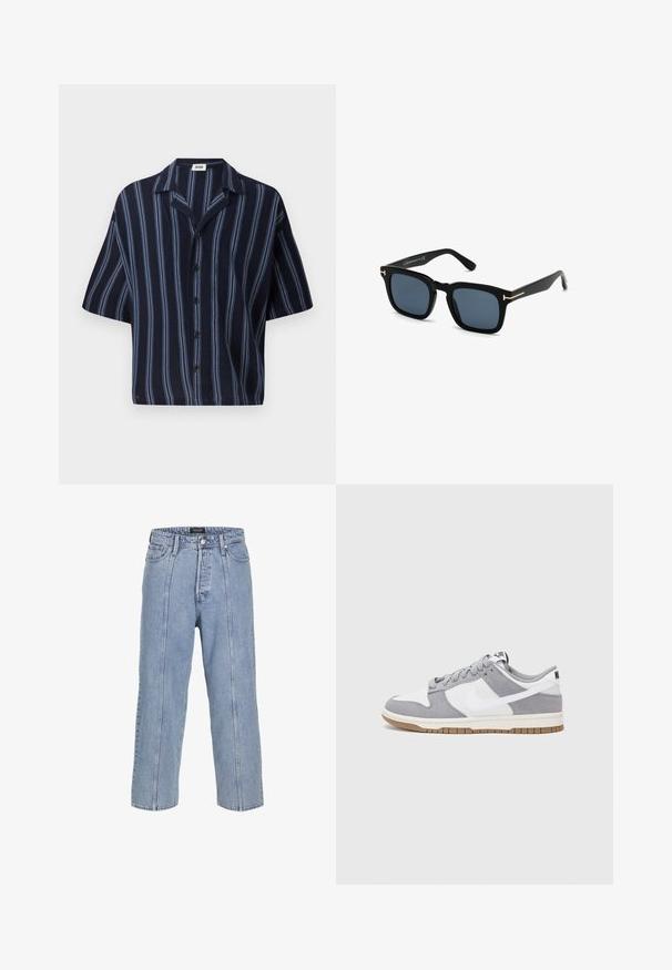 Cămașă cu mânecă scurtă, cu nasturi, având un fundal bleumarin cu dungi verticale de culoare albastru deschis și un design clasic al gulerului.; Tricou alb din bumbac cu mâneci scurte, decolteu rotund, croială lejeră și fără logo-uri sau modele vizibile. Textură netedă și design minimalist.; Jeans din denim de culoare albastră deschisă, cu o croială lejeră, picioare largi și detalii de cusătură vizibile. Caracteristică un sistem de închidere cu nasture și fermoar, precum și cinci buzunare.; Sneaker gri și alb, cu un superior din suede și piele, vârf rotund, șireturi plate și o talpă din cauciuc ce prezintă un accent de culoare gum.; Ochelari de soare pătrați negri, cu lentile întunecate, finisaj mat și accente de metal auriu pe templu, având un design minimalist.