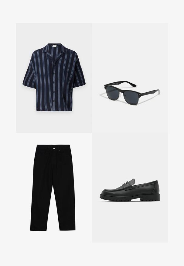 Rövid ujjú, gombos ing, sötétkék háttérrel, függőleges világoskék csíkokkal és klasszikus galléros kialakítással.; Fekete farmernadrág, egyenes szabással, öt zsebből álló dizájnnal és elülső gombos záródással. Simább felület minimális varrási részletekkel.; Fekete bőr loafer cipők kerek orral, varrott mintázattal, alacsony platformtalpú és texturált, barázdált gumitalppal.; Fekete napszemüveg, téglalap alakú, sötét lencsékkel, ezüst részletekkel a szárakon, és matt felülettel a kereten.