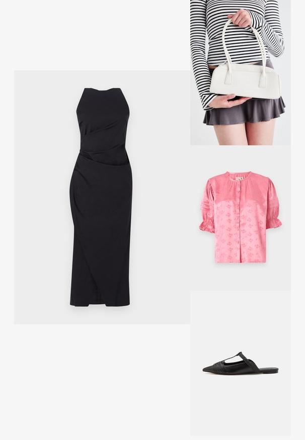 Pink floral-patterned blouse with a round neckline, short puff sleeves, and button closure. Made from textured fabric with subtle sheen.; Marella ELEGIA - Cocktail dress / Party dress - nero; Black leather slingback shoe with a pointed toe, featuring a woven accent and pleated upper design. Flat sole with minimal hardware.; White crocodile-embossed handbag with two handles, rectangular shape, and zipper closure. Displayed against a light background.