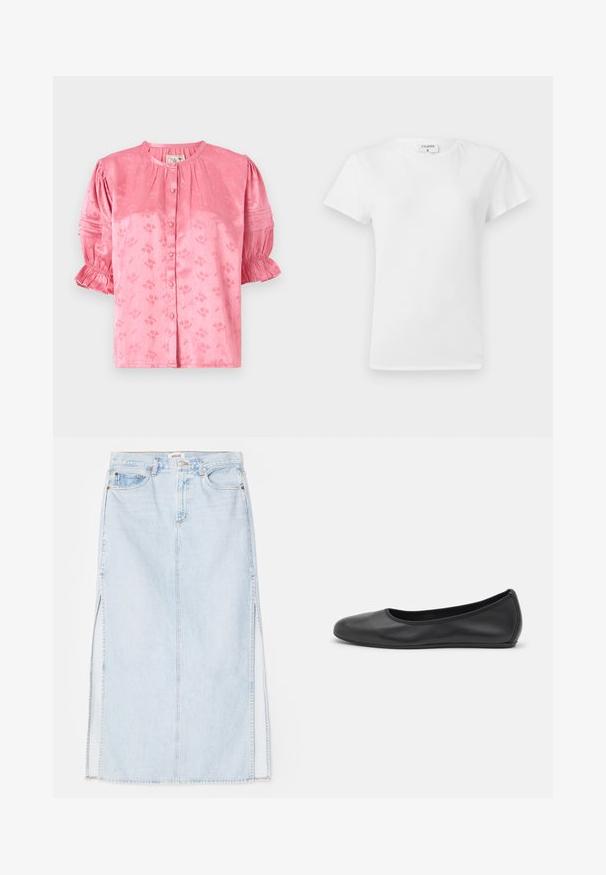 Roza bluzica s cvetnim vzorcem, okroglo dekolte, kratkimi pufastimi rokavi in zapiranjem na gumbe. Narejena iz teksturirane tkanine z rahlim sijajem.; Bela bombažna majica s krojem na vratu in kratkimi rokavi, ki ima sproščen kroj in minimalističen dizajn. Oznaka vidna na vratu.; Svetlo modra jeanska maxi krilna obleka s ravnim krojem, ki ima stranske odprtine in pet žepov. Izstopajoče šivanje in kovinski gumb za zapiranje.; Črne usnjene balerinke z zaobljenim nosom, gladko teksturo, minimalnimi šivi in fleksibilno zasnovo podplata.