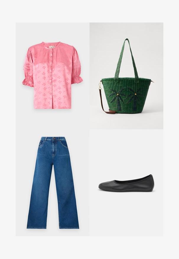 Blus i rosa blommönster med rund halsringning, korta puffärmar och knappstängning. Tillverkad av textil med en subtil lyster.; Vida jeans i mörkblå denim med hög midja, med fram- och bakfickor samt kontrasterande sömnadsdetaljer.; Svart läderballerinaskor med rund tå, slät yta, minimala söm detaljer och en flexibel sula.; Grön vävd tote-väska med palmlövsdesign i mörkare grönt; har två handtag och en avtagbar brun läderrem.