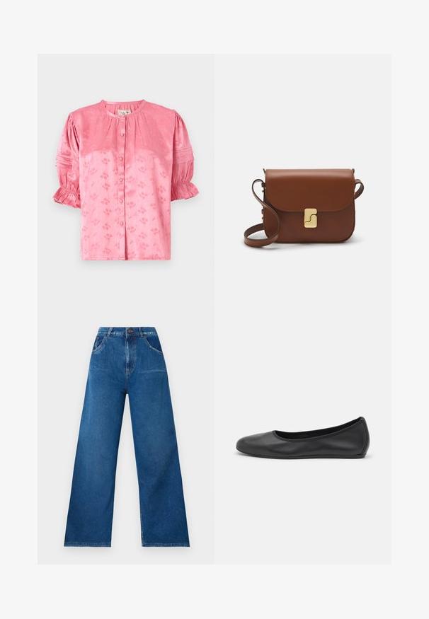 Rožinė gėlių rašto bluzelė su apvaliu kaklu, trumpomis pūstomis rankovėmis ir mygtukų uždarymu. Pagaminta iš tekstūruoto audinio su subtiliu blizgesiu.; Tamsiai mėlynos džinsinės kelnes su plačiomis kojomis ir aukštu liemeniu, su priekinėmis ir galinėmis kišenėmis, taip pat su kontrastingomis siūlėmis.; Juodai odiniai baletai su apvaliu pirštu, lygi texture, minimalus siuvimo detales ir lanksčiu padų dizainu.; Ruda odinė rankinė su uždaromu dangteliu, aukso spalvos detalėmis, petneša ir lygiu paviršiumi. Kompaktiška stačiakampio formos.