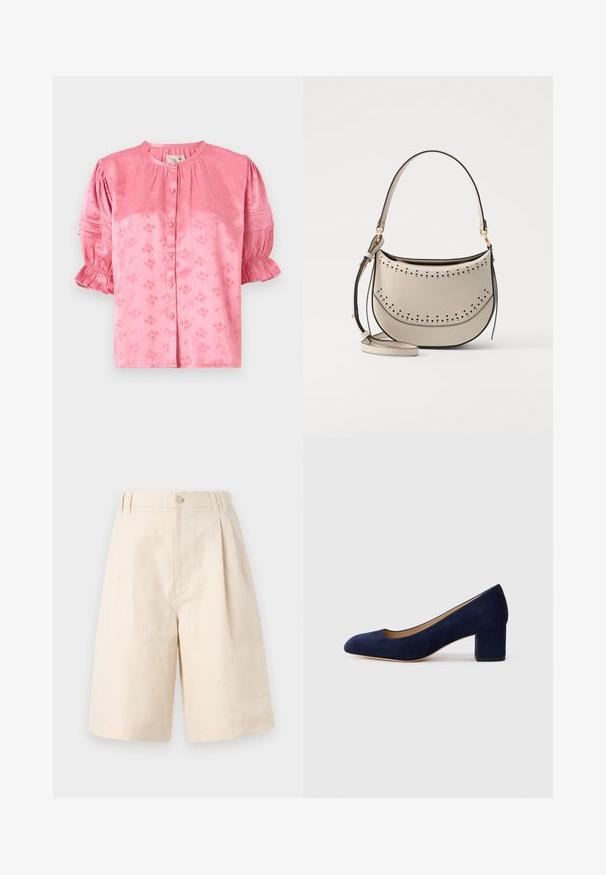 Blomstret bluse i pink med rund halsudskæring, korte puffærmer og knaplukning. Lavet af tekstureret stof med en subtil glans.; Beige linned shorts med en afslappet pasform, med knaplukning, plisseret design og knælang længde. Glat tekstur og enkel stil.; Marinblå ruskinds pumps med spids tå og en mellemstor blokhæl. Glat tekstur med en subtil glans og et lille udskæringer foran.; Vanessa Bruno MINI DAILY BAG - Håndtasker - ivoire