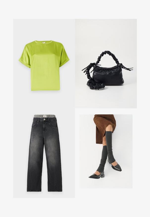 Bright green short-sleeve top with a round neckline. Smooth, shiny fabric with a relaxed fit. Rolled cuffs and a straight hem.; Black denim wide-leg jeans with a houndstooth patterned waistband. Features include front pockets and a button closure. Distressed texture.; Black patent leather pointed-toe shoes with a block heel and ankle strap, paired with gray ribbed leg warmers and a brown suede skirt.; Black faux leather handbag with a crocodile texture, cinched top, and a scrunched strap. Appears soft and compact in design.