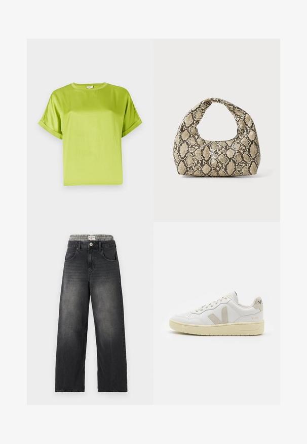 Helles grünes Kurzarmoberteil mit Rundhalsausschnitt. Glattes, glänzendes Material mit lockerer Passform. Aufgerollte Ärmel und gerade Saum.; Schwarze Jeans mit weitem Bein aus Denim und einem Hahnentritt-Muster am Bund. Merkmale sind Fronttaschen und ein Knopfverschluß. Mit einem abgenutzten Look.; Weiße Ledersneaker mit beigen Wildlederakzenten, perforierte Zehenbox, flache Schnürsenkel und eine strukturierte cremefarbene Sohle. Mit dezentem Branding an der Ferse.; Schlangenmuster-Tasche mit einem gebogenen Griff. Hergestellt aus strukturierten, beige- und braunfarbenen Materialien, die ein markantes Diamantmuster aufweisen.