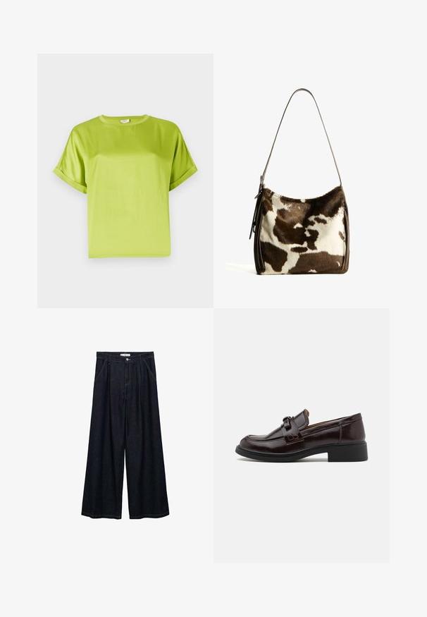 Svetlo zelena majica s kratkimi rokavi in okroglo ovratnikom. Gladek, sijoč material z ohlapnim krojem. Povoščen rob in raven kroj.; Temno jeans hlače širšega kroja z visokim pasom, ki imajo sprednje zapiranje na gumb, dve stranski žepu in detajle v šivanju.; Rjave usnjene loafer čevlje z gladko teksturo, ki imajo okrasni trak in zaponko, nizko črno peto ter obliko zaobljenega prsta.; Rjav in krem torba iz kravjega usnja s gladkim usnjenim trakom, z zadrgo in mehko, strukturo površino, ki prikazuje naravni vzorec.