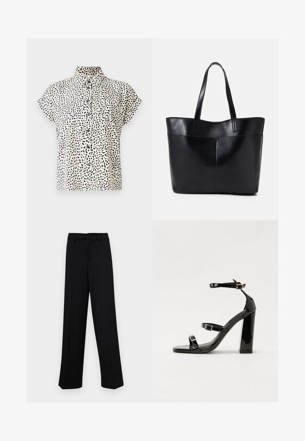 Short-sleeve shirt in a cream fabric with a black irregular dot pattern. Features a collar and front button closure, with two chest pockets.; Black wide-leg trousers made of smooth fabric, featuring a classic waistband with a button closure and front pleats.; Black patent heeled sandals with a square toe, ankle straps, and silver buckles. Features a chunky block heel for stability.; Black leather tote bag with two long handles, a smooth texture, and a structured shape. Features a front pocket for additional storage.