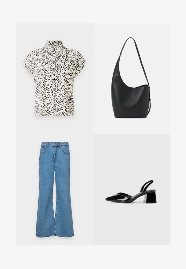 Kortermet skjorte i en kremfarget stoff med et svart uregelmessig prikkemønster. Har krage og frontkjapp med knappelukking, samt to brystlommer.; Lyseblå vide jeans laget av denim, med høyt liv, fem lommer og en enkelt knappelukking. Myk tekstur med falmet finish.; Svarte patentlær slingback hæler med spiss tå og geometrisk blokk hæl. Har et stilrent, minimalistisk design og jevn tekstur.; Svart lær hobo-veske med glatt tekstur, buet form og enkelt justerbart stropp; har en bred åpning på toppen.
