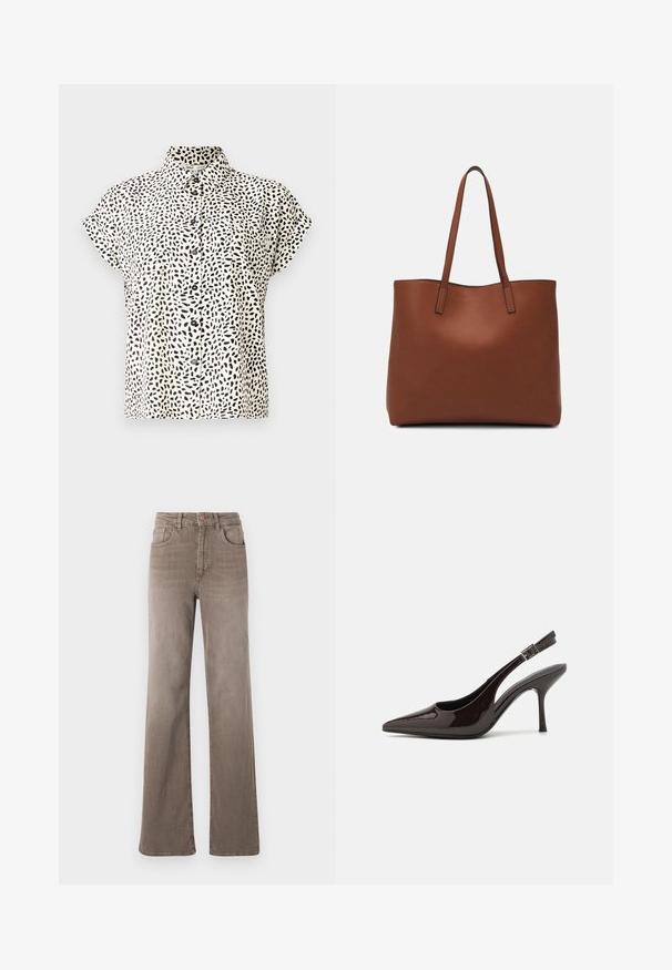 Camisa de manga curta em tecido creme com um padrão de bolinhas pretas irregulares. Apresenta um colarinho e fecho frontal com botões, além de dois bolsos no peito.; Jeans castanhos de cintura alta, de perna reta, com botão frontal, passantes para cinto e design clássico de cinco bolsos em fundo branco.; Sapato de salto alto tipo slingback em verniz castanho escuro brilhante, com bico apontado, laterais abertas e tira ajustável ao tornozelo.; Bolsa tote de couro castanho com uma textura suave, design de abertura superior e duas alças para o ombro. Apresenta costura mínima e sem hardware visível.