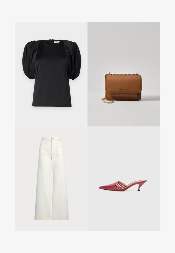 Svart kortermet topp med puffede skuldre, laget av glatt stoff, med rund hals og glidelås i ryggen.; Vidde bukser i off-white denim. Høyt liv-design med knappelukking, to frontlommer og kontrastsøm detaljer.; Røde skinnhøyhælte mules med spiss tå, med utskjæringsdetaljer på vampsiden og en liten, avsmalnet hæl. Glatt tekstur.; Brun teksturert lær crossover-veske med gullkjede-stropp og klaffelukking. Fronten har logo-detalj og en lomme under klaffen.