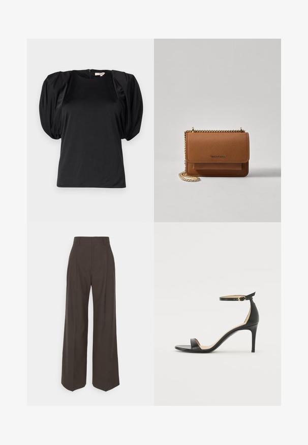 Μαύρο κοντομάνικο μπλουζάκι με φουσκωτούς ώμους, κατασκευασμένο από απαλό ύφασμα, με στρογγυλή λαιμόκοψη και κλείσιμο με φερμουάρ στην πλάτη.; Σκούρο καφέ παντελόνι σε φαρδιά γραμμή με ψηλή μέση, που διαθέτει προσεκτικά πιεσμένες πτυχές, λείο υφή και καλή εφαρμογή.; Μαύρη δερμάτινη σαμπό με ψηλό τακούνι και λουράκι στον αστράγαλο. Διαθέτει λεία υφή, ανοιχτό μπροστινό μέρος και λεπτό τακούνι. Λεπτομέρεια από χρυσό τόνο στη πόρπη.; Καφέ δερμάτινη τσάντα χιαστί με υφή, με χρυσή αλυσίδα στον ιμάντα και κλείσιμο με καπάκι. Στο μπροστινό μέρος υπάρχει λεπτομέρεια με λογότυπο και μία τσέπη κάτω από το καπάκι.